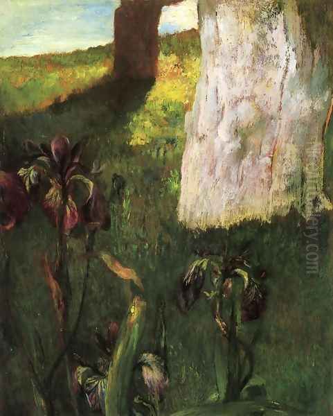 Flowers Blue Iris With Trunk Of Dead Apple Tree Oil Painting by John La Farge