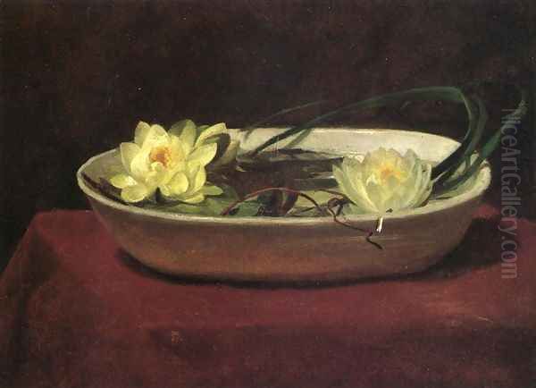 Water Lilies In A White Bowl With Red Table Cover Oil Painting by John La Farge