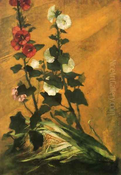 Hollyhocks And Corn Oil Painting by John La Farge