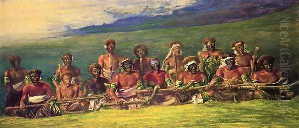 Chiefs In War Dress Seated After A Dance Islands Of Fiji Aka Chiefs And Performers In War Dance Fiji Oil Painting by John La Farge