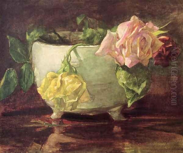 Roses In Old Chinese Bowl Oil Painting by John La Farge