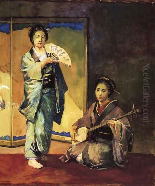 Dancer And Musician Aka Musiicians In Ceremonial Costume Oil Painting by John La Farge