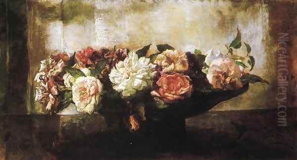 Roses In A Shallow Bowl Oil Painting by John La Farge