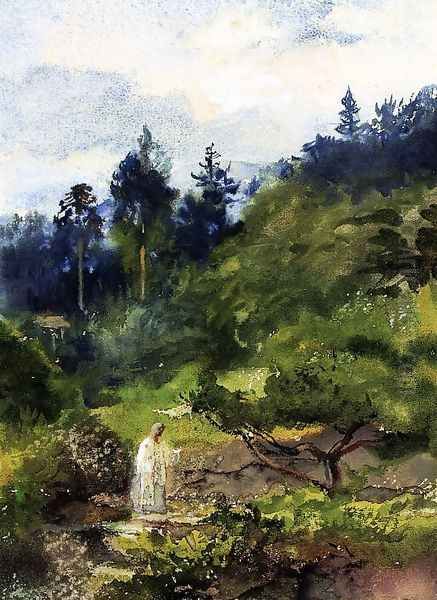 Looking Over The Garden Wall And Steps Toward The Temple Eclosure Of Iyeyasu Aka Priest Comig From The Temple Nikko Japan Oil Painting by John La Farge