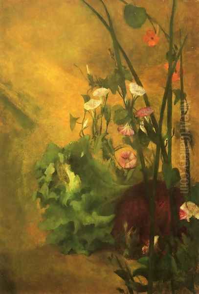 Morning Glories And Eggplant Oil Painting by John La Farge