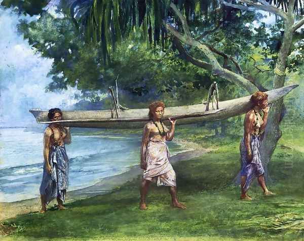 Girls Carrying A Canoe Vaiala In Samoa 1891 Portraits Of Otaota Daughter Of The Preacher And Our Next Neighbor Saikumu The First Girl Is Faaifi Oil Painting by John La Farge