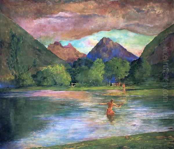 The Entrance To Tautira River Tahiti Fisherman Spearing A Fish Oil Painting by John La Farge