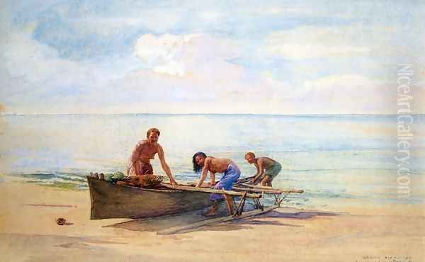 Women Drawing Up A Canoe Vaiala In Samoa Otaota Her Mother And A Neighbor Oil Painting by John La Farge