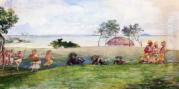 Military Reception And War Dance In Our Honor At Sapapali Samoa Oil Painting by John La Farge