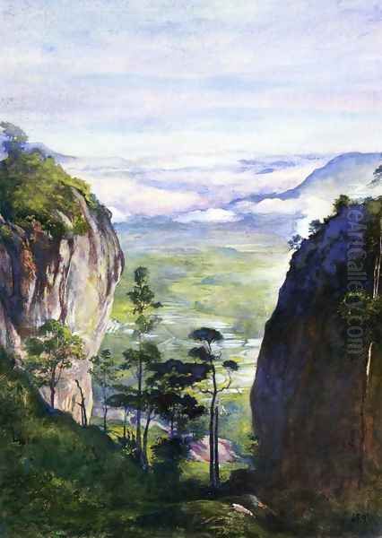 View In Ceylon Near Dambula Looking Over Rice Fields Oil Painting by John La Farge