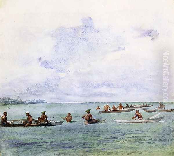 Fishing Party In Canoes Samoa Oil Painting by John La Farge