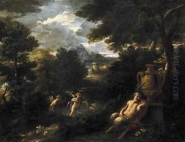 Faun and Cupid in a Landscape Oil Painting by Filippo Lauri