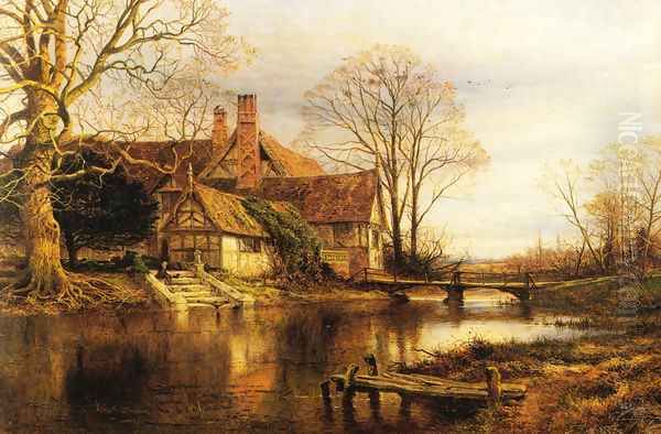 A Moated Grange Oil Painting by Benjamin Williams Leader