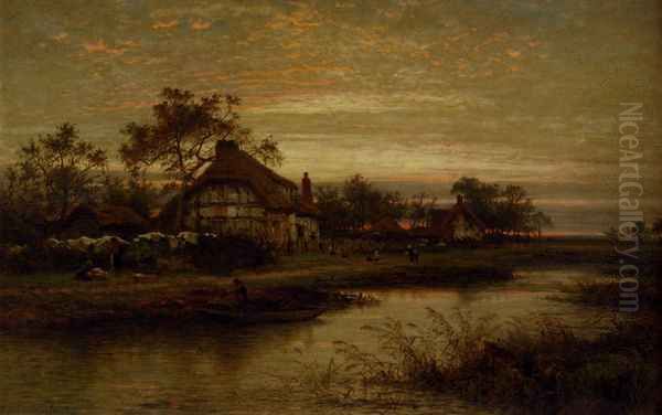 Worcestershire Cottage Homes, Evening Oil Painting by Benjamin Williams Leader