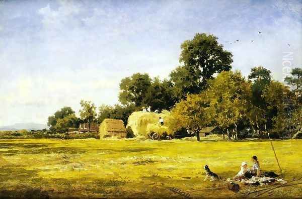 Making a Hay Rick, Whittington Oil Painting by Benjamin Williams Leader