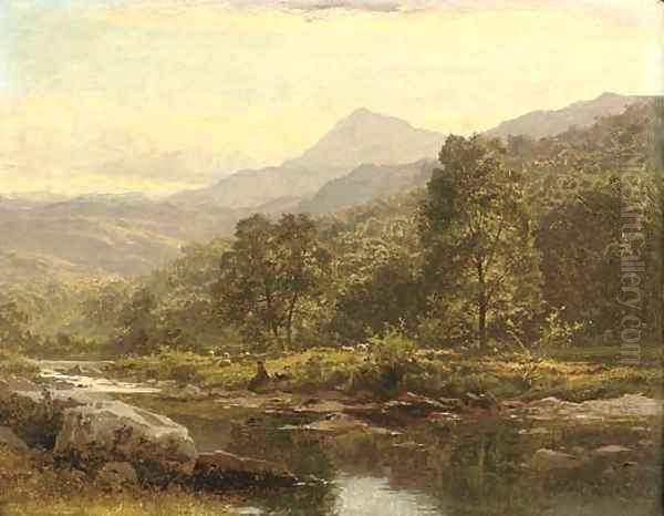 An Island on the Llugwy, Capel Curig, with an angler Oil Painting by Benjamin Williams Leader