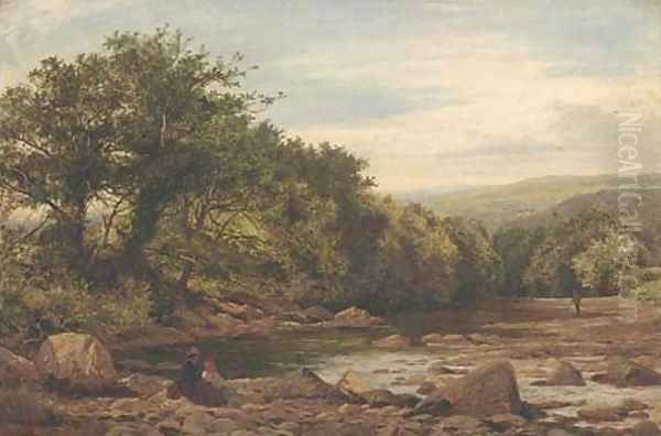 Figures by a river, thought to be Llugwy, North Wales Oil Painting by Benjamin Williams Leader