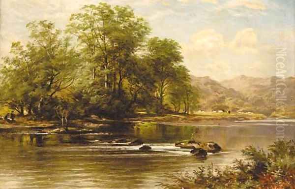 Figures in a sunlit river landscape with mountains beyond Oil Painting by Benjamin Williams Leader