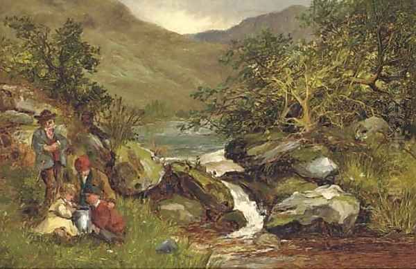 An angling party on a river bank Oil Painting by Benjamin Williams Leader