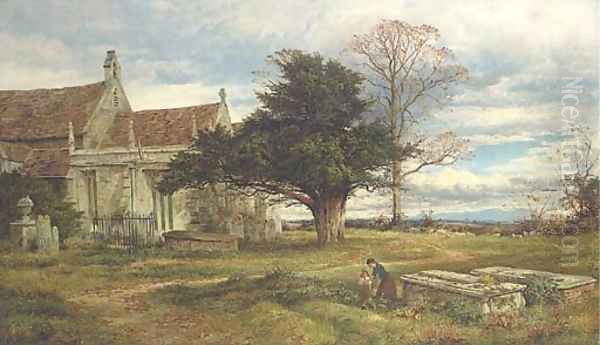 An English Country churchyard Autumn Oil Painting by Benjamin Williams Leader