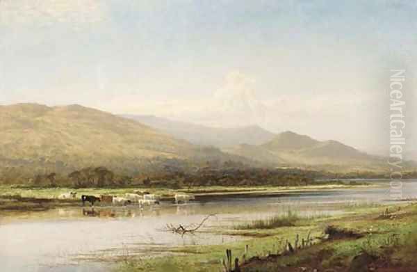 Cattle watering, Derwentwater Oil Painting by Benjamin Williams Leader