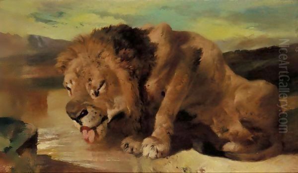 Lion Drinking At A Stream Oil Painting by Sir Edwin Henry Landseer