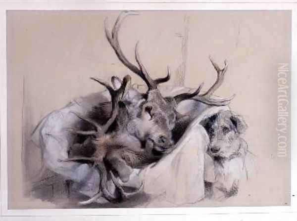 Stags Heads and Dog Oil Painting by Sir Edwin Henry Landseer