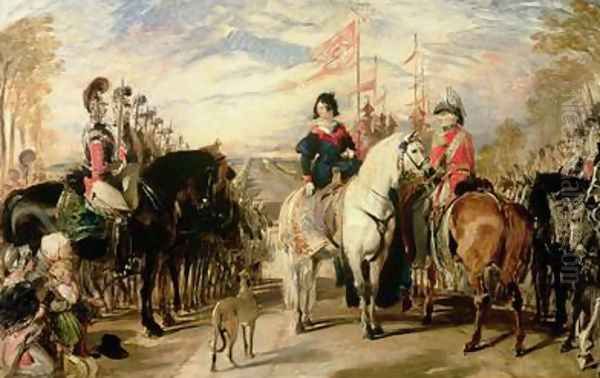 Queen Victoria and the Duke of Wellington reviewing the Life Guards Windsor Great Park in the distance Oil Painting by Sir Edwin Henry Landseer