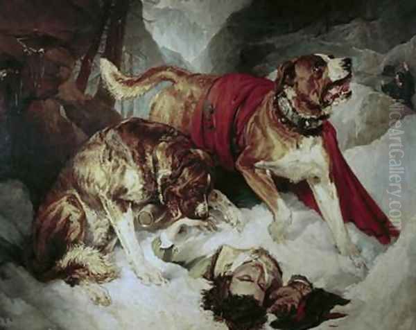 Alpine Mastiffs Reanimating a Distressed Traveller Oil Painting by Sir Edwin Henry Landseer