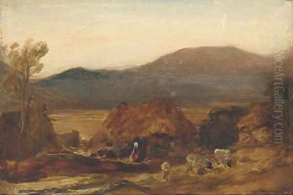 A mountainous landscape, with a figure by a cottage and sheep in the foreground Oil Painting by Sir Edwin Henry Landseer