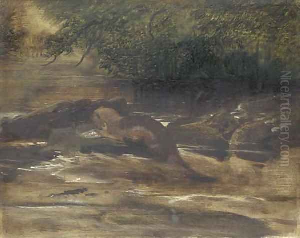 A river scene, with an otter eating a fish, a sketch Oil Painting by Sir Edwin Henry Landseer