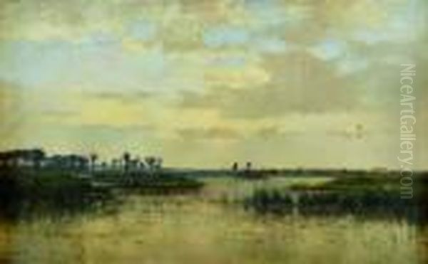 Soleil Couchant Dans Les Marais Du Nord, A Arleux Oil Painting by Pierre-Emmanuel Damoye