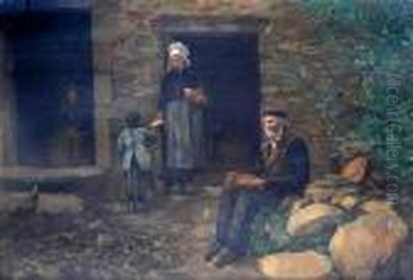 Feeding The Poor Before A Stone Barn Oil Painting by Pierre-Emmanuel Damoye