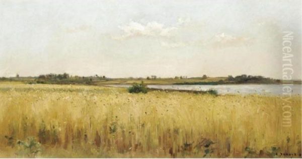 River Landscape With Cornfield Oil Painting by Pierre-Emmanuel Damoye