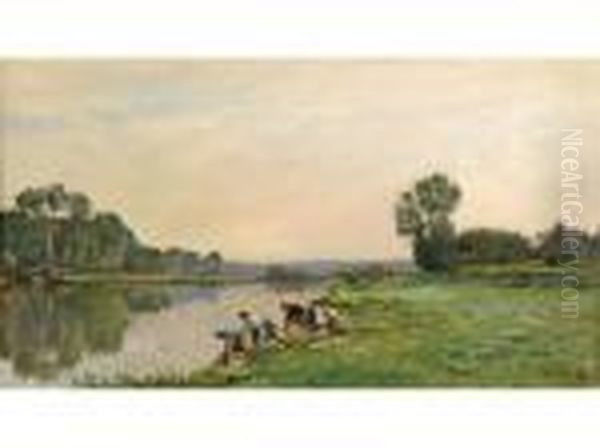 Lavandieres Au Bordde La Riviere Oil Painting by Pierre-Emmanuel Damoye