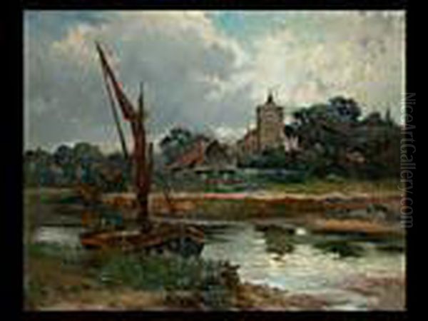 Flusslandschaft Mit Segelkahn Und Gebauden Oil Painting by Pierre-Emmanuel Damoye