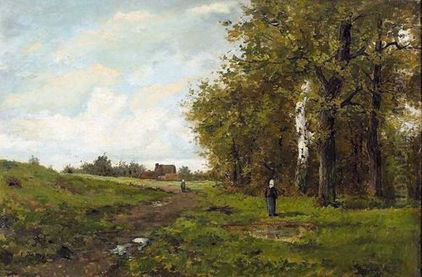 Feldlandschaft Mit Reisigsammlerin. Oil Painting by Pierre-Emmanuel Damoye