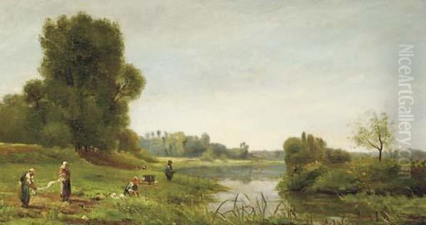 Washerwomen And A Fisherman On The Banks Of A River Oil Painting by Pierre-Emmanuel Damoye