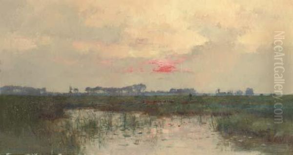 Coucher De Soleil Sur L'etang Oil Painting by Pierre-Emmanuel Damoye