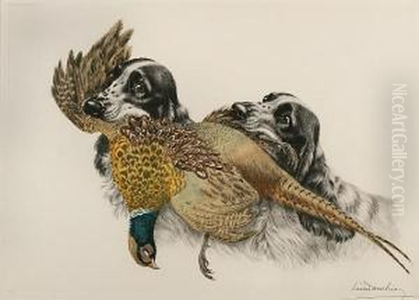 Spaniels Sharing A Pheasant Oil Painting by Leon Danchin