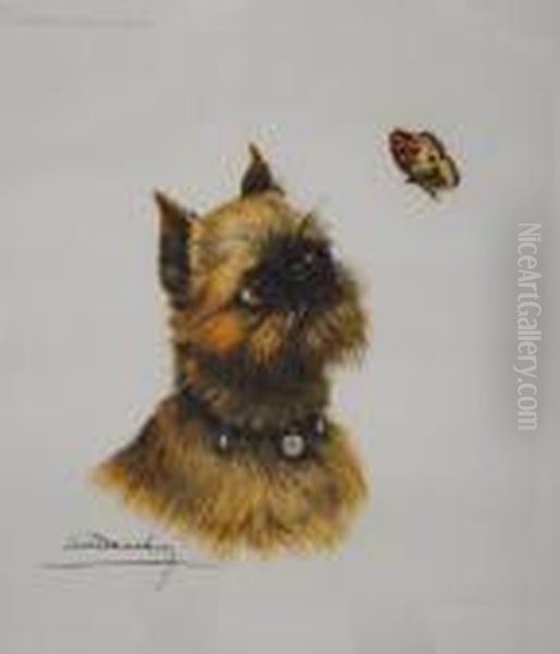 Griffon Bruxellois Et Papillon Oil Painting by Leon Danchin