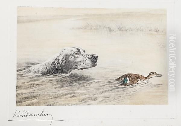 Dog Pursuing A Duck Up A Stream Oil Painting by Leon Danchin