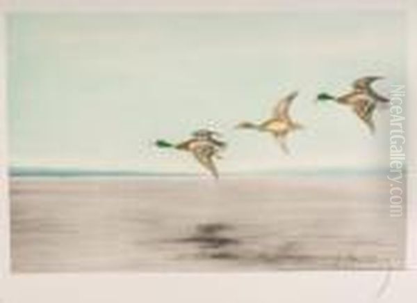 Ducks Landing Oil Painting by Leon Danchin