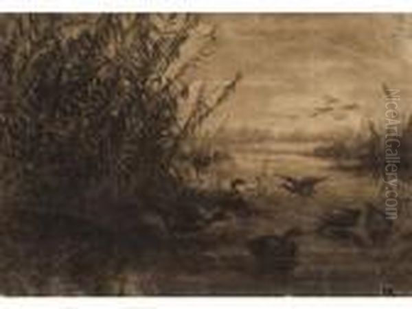 Canards Sur L'etang. Oil Painting by Leon Danchin