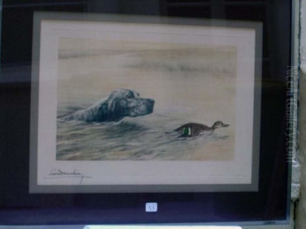 < Setter Laverack Poursuivant Un Canard Dans Un Marais >, Lithographie Oil Painting by Leon Danchin