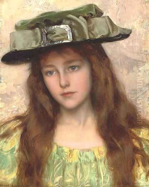 A Young Beauty in a Green Hat Oil Painting by Albert Lynch