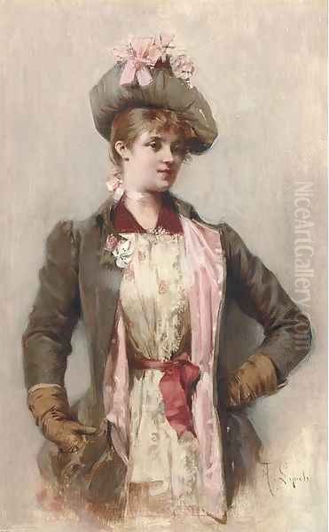 A young lady in a coat and hat with a pink bow Oil Painting by Albert Lynch