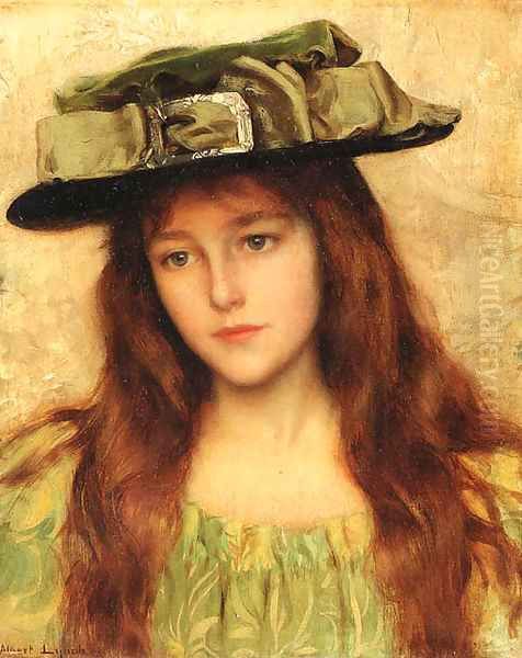 Young beauty in a green hat Oil Painting by Albert Lynch