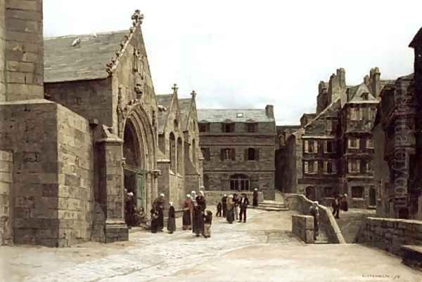 Sortie de l'eglise Saint-Melaine a Morlaix (Leaving the Saint-Melaine Church in Morlaix) Oil Painting by Leon Augustin Lhermitte