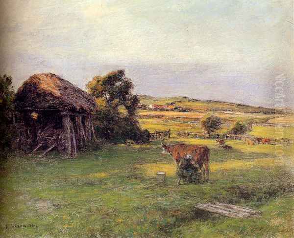 Landscape with a Peasant Woman Milking a Cow Oil Painting by Leon Augustin Lhermitte